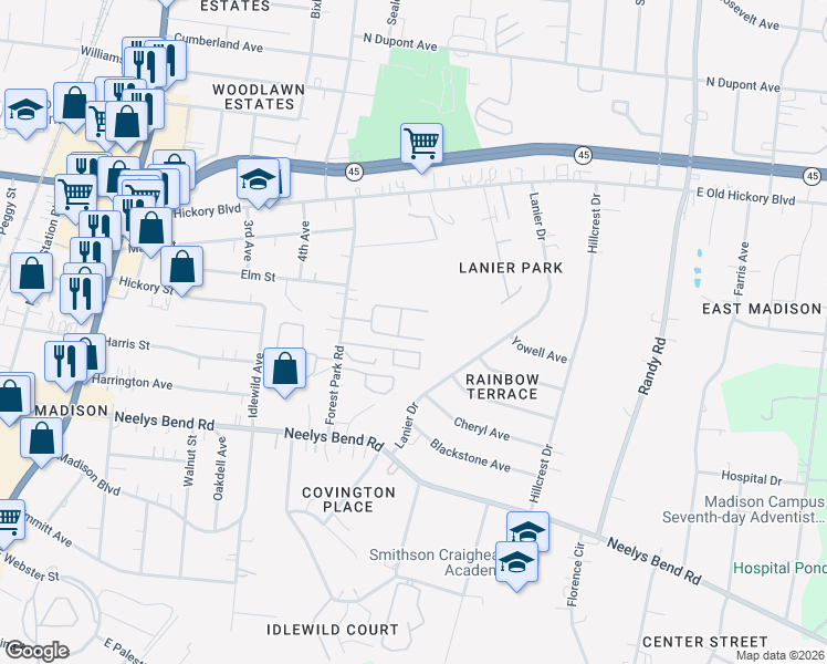 map of restaurants, bars, coffee shops, grocery stores, and more near 335 Forest Park Road in Nashville