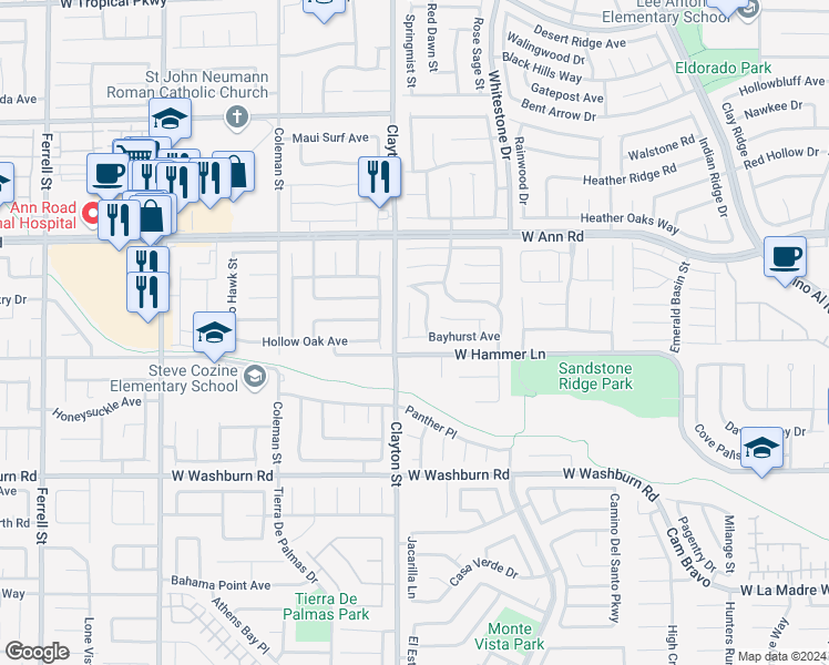 map of restaurants, bars, coffee shops, grocery stores, and more near 5420 Pipers Meadow Court in North Las Vegas