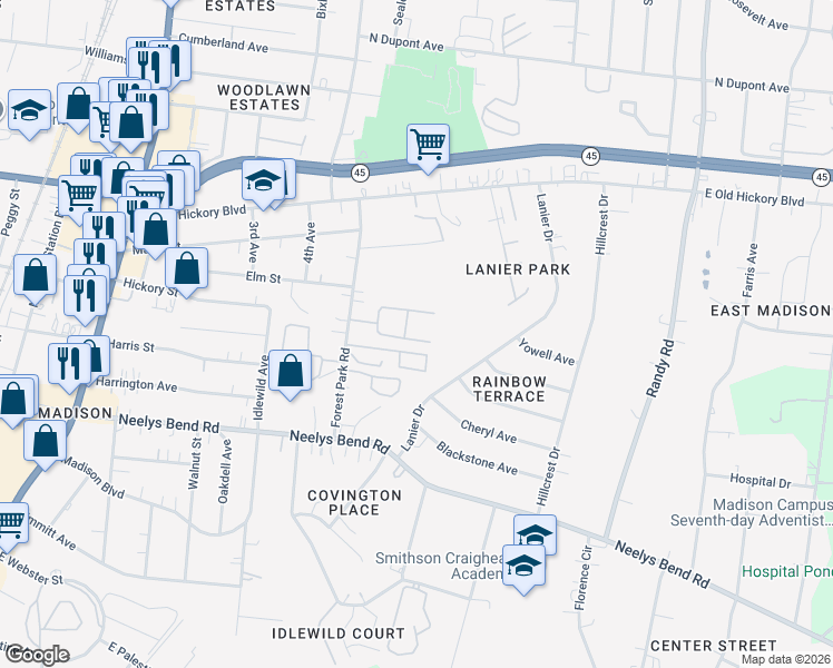map of restaurants, bars, coffee shops, grocery stores, and more near 335 Forest Park Road in Nashville