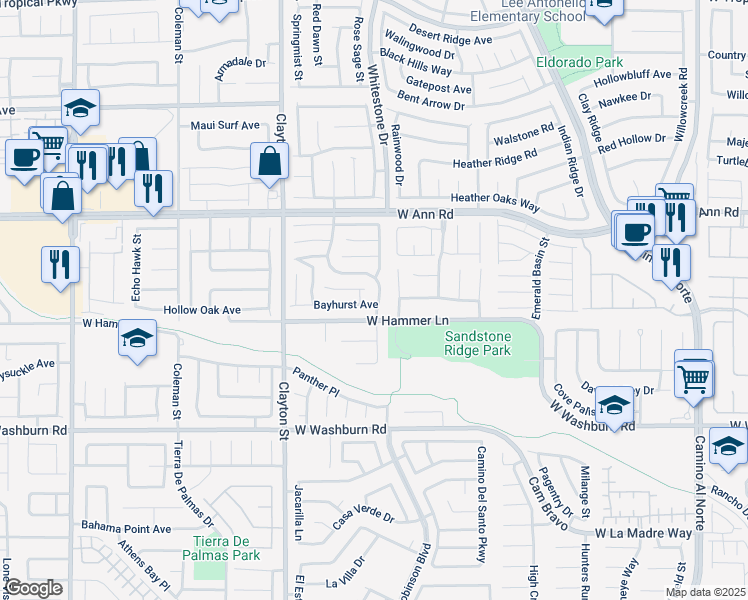 map of restaurants, bars, coffee shops, grocery stores, and more near 5421 Whisper Bluff Street in North Las Vegas
