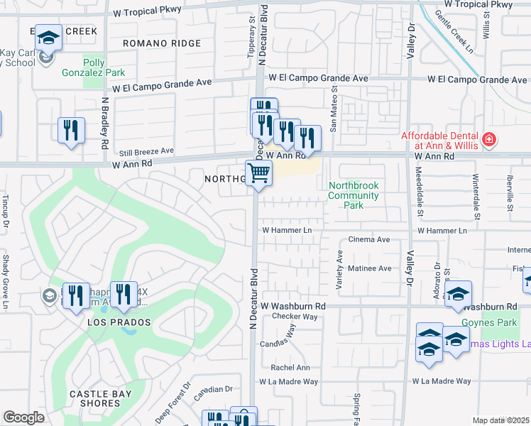 map of restaurants, bars, coffee shops, grocery stores, and more near 5405 Peony Court in North Las Vegas