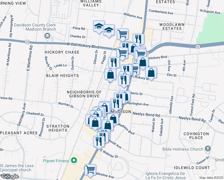 map of restaurants, bars, coffee shops, grocery stores, and more near 224 Madison Street in Nashville