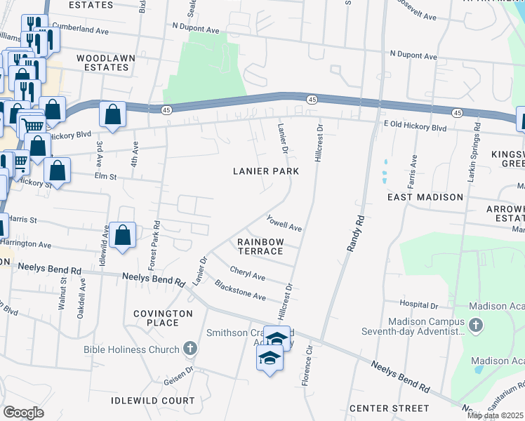 map of restaurants, bars, coffee shops, grocery stores, and more near 334 Lanier Drive in Nashville