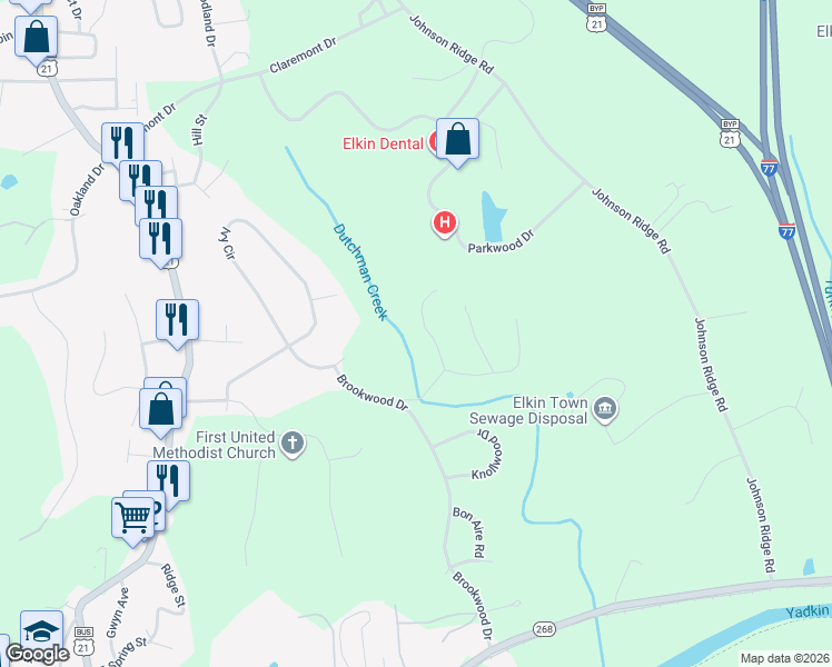 map of restaurants, bars, coffee shops, grocery stores, and more near 145 Valleybrook Drive in Elkin