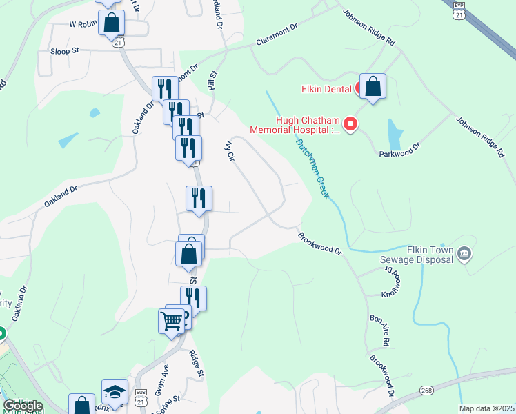 map of restaurants, bars, coffee shops, grocery stores, and more near 115 Ivy Circle in Elkin