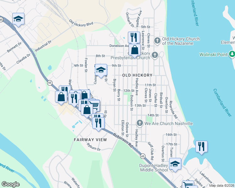 map of restaurants, bars, coffee shops, grocery stores, and more near 1106 Berry Street in Nashville