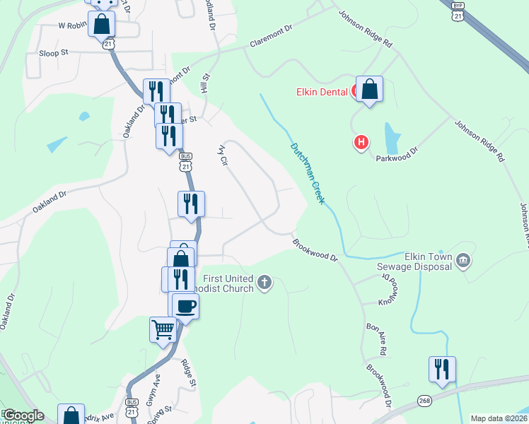map of restaurants, bars, coffee shops, grocery stores, and more near 120 Ivy Circle in Elkin