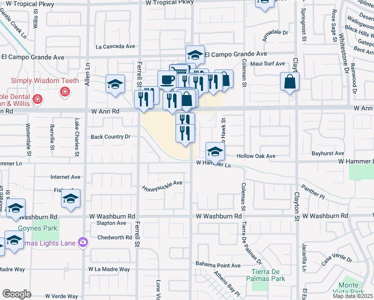 map of restaurants, bars, coffee shops, grocery stores, and more near 5445 North Simmons Street in North Las Vegas