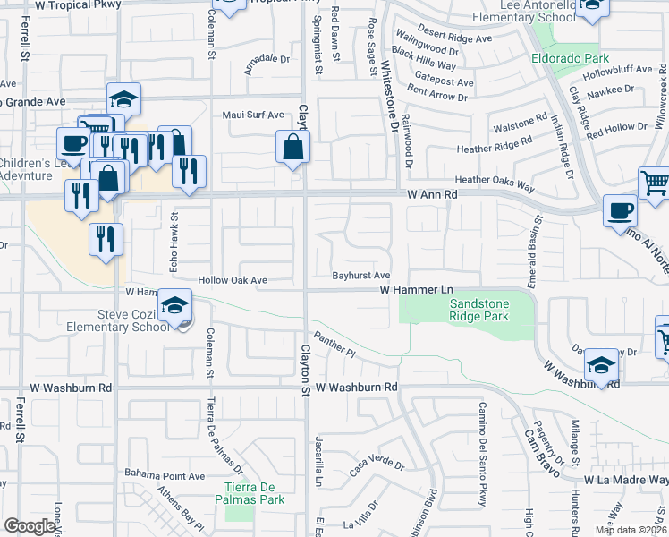 map of restaurants, bars, coffee shops, grocery stores, and more near 5424 Pipers Stone Street in North Las Vegas