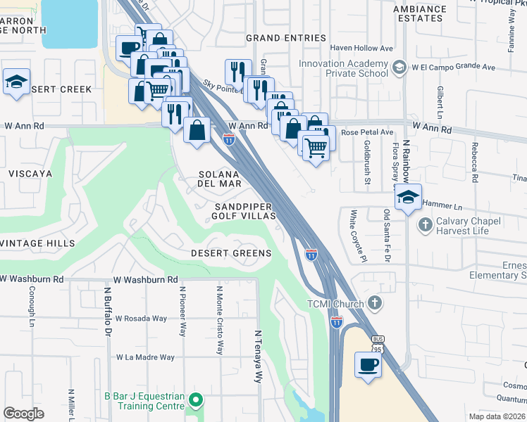 map of restaurants, bars, coffee shops, grocery stores, and more near 5389 Painted Mirage Road in Las Vegas