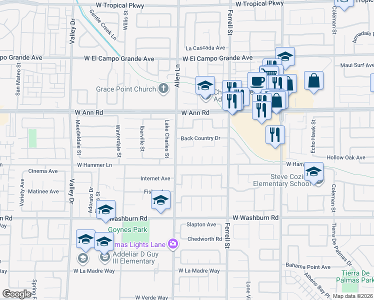 map of restaurants, bars, coffee shops, grocery stores, and more near 3515 Lonesome Wolf Court in North Las Vegas