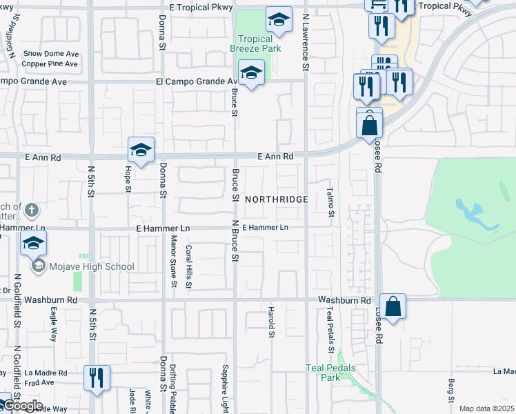 map of restaurants, bars, coffee shops, grocery stores, and more near 5421 Blinding Lights Street in North Las Vegas