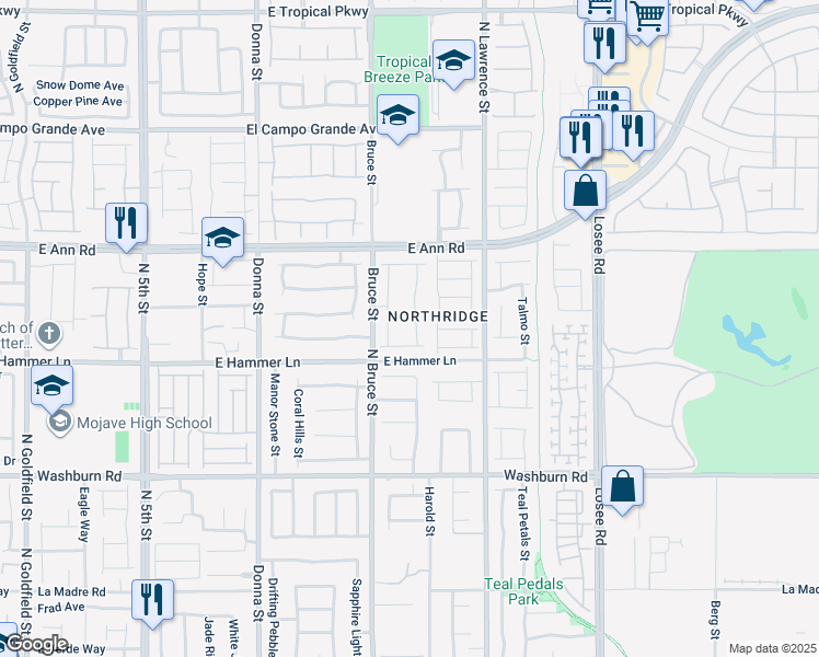 map of restaurants, bars, coffee shops, grocery stores, and more near 5421 Blinding Lights Street in North Las Vegas