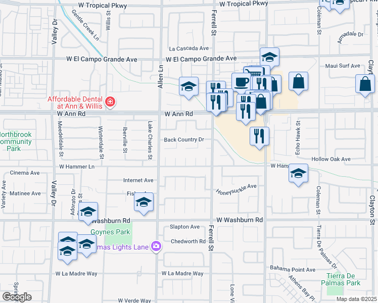 map of restaurants, bars, coffee shops, grocery stores, and more near 3421 Back Country Drive in North Las Vegas