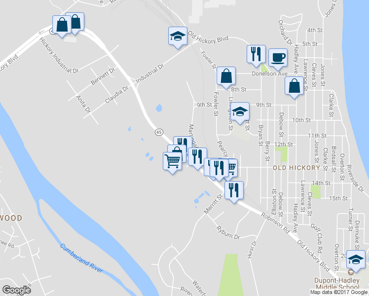 map of restaurants, bars, coffee shops, grocery stores, and more near 1241 Robinson Road in Nashville