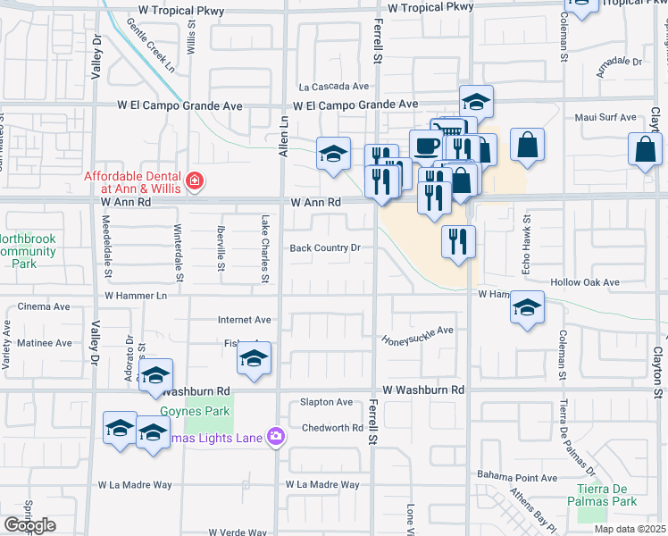 map of restaurants, bars, coffee shops, grocery stores, and more near 3421 Back Country Drive in North Las Vegas