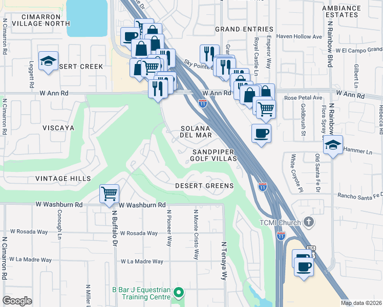 map of restaurants, bars, coffee shops, grocery stores, and more near 5445 Shay Mountain Place in Las Vegas