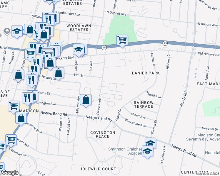 map of restaurants, bars, coffee shops, grocery stores, and more near 311 Forest Park Road in Nashville