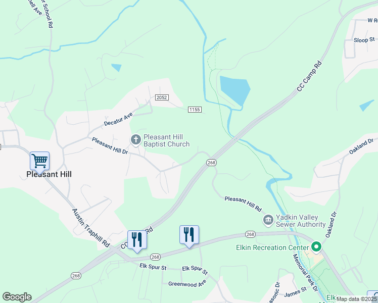 map of restaurants, bars, coffee shops, grocery stores, and more near 116 Scotch Rose Lane in Elkin