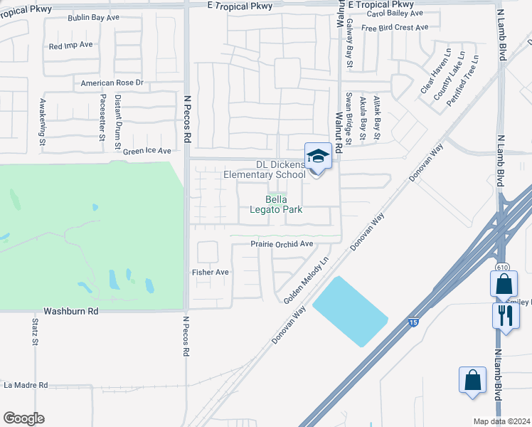 map of restaurants, bars, coffee shops, grocery stores, and more near 3665 Bella Legato Avenue in North Las Vegas