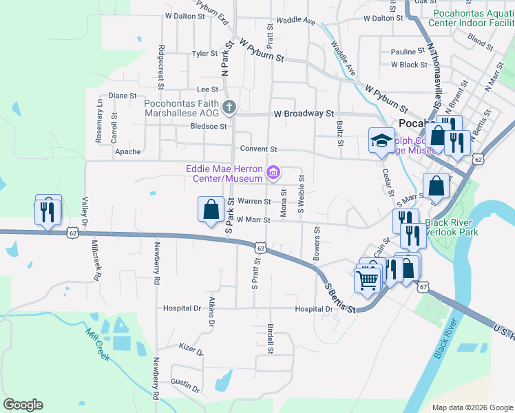 map of restaurants, bars, coffee shops, grocery stores, and more near 1814 Warren Street in Pocahontas
