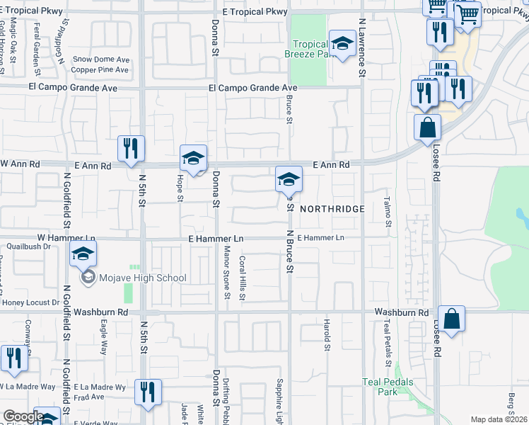 map of restaurants, bars, coffee shops, grocery stores, and more near 1104 Windy Ferrell Avenue in North Las Vegas