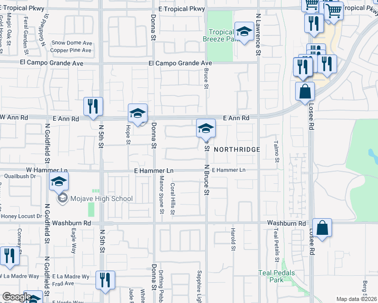map of restaurants, bars, coffee shops, grocery stores, and more near 1104 Windy Ferrell Avenue in North Las Vegas