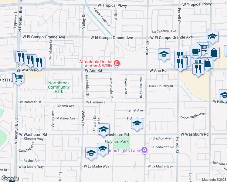 map of restaurants, bars, coffee shops, grocery stores, and more near 5430 Winterdale Street in North Las Vegas