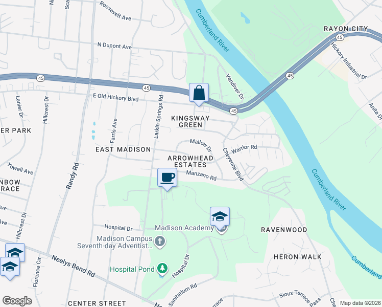 map of restaurants, bars, coffee shops, grocery stores, and more near 249 Warrior Road in Nashville