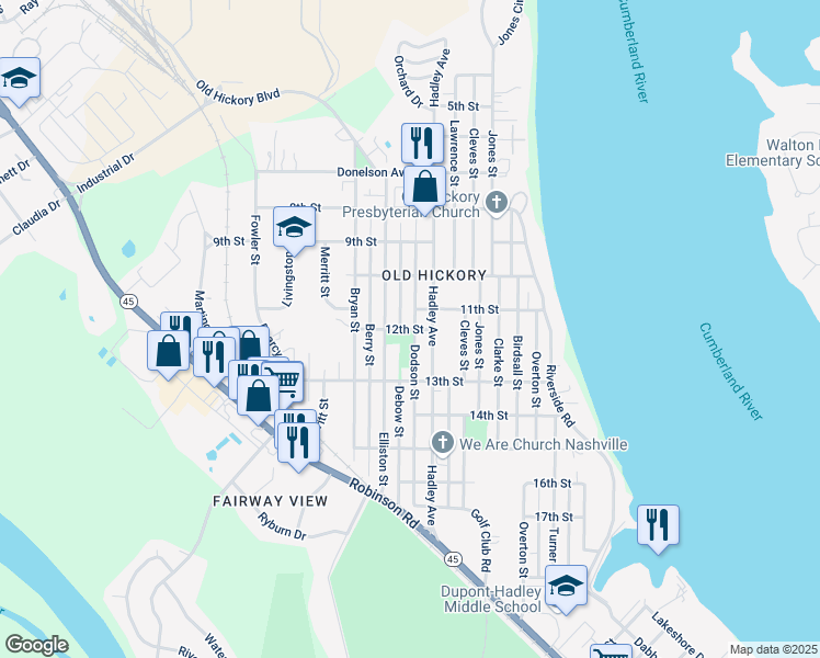 map of restaurants, bars, coffee shops, grocery stores, and more near 1105 Debow Street in Nashville