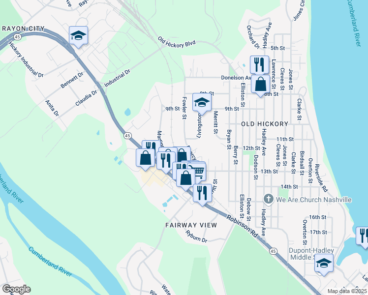 map of restaurants, bars, coffee shops, grocery stores, and more near 1104 Fowler Street in Nashville