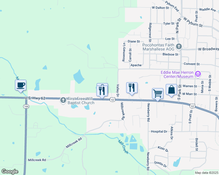 map of restaurants, bars, coffee shops, grocery stores, and more near 2503 Ridgeland Circle in Pocahontas