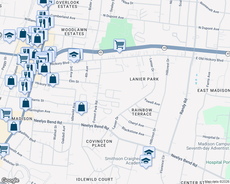 map of restaurants, bars, coffee shops, grocery stores, and more near 323 Forest Park Road in Nashville