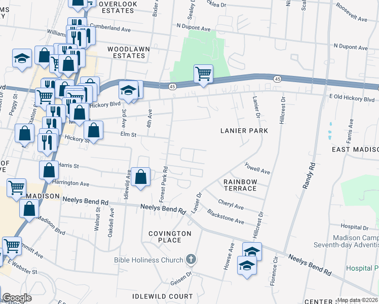 map of restaurants, bars, coffee shops, grocery stores, and more near 323 Forest Park Road in Nashville