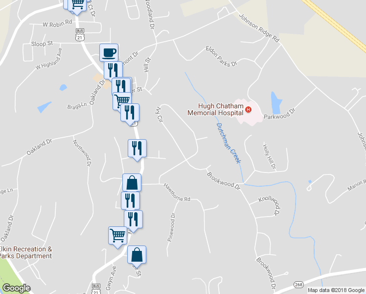 map of restaurants, bars, coffee shops, grocery stores, and more near 120 Ivy Circle in Elkin
