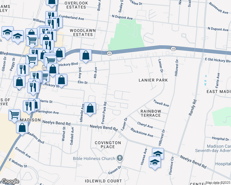 map of restaurants, bars, coffee shops, grocery stores, and more near 311 Forest Park Road in Nashville