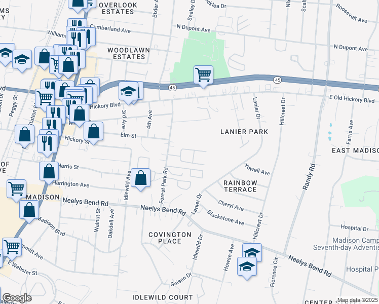 map of restaurants, bars, coffee shops, grocery stores, and more near 323 Forest Park Road in Nashville
