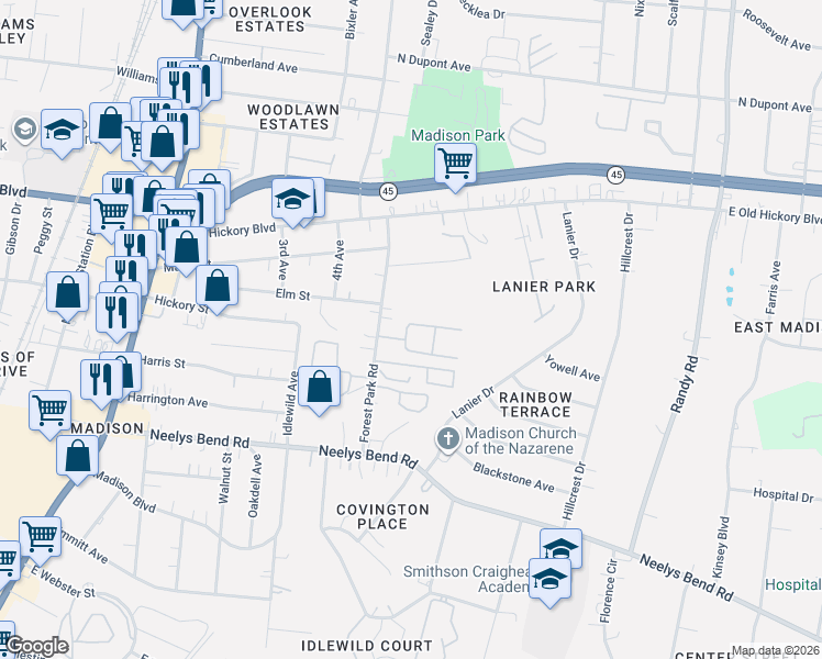 map of restaurants, bars, coffee shops, grocery stores, and more near in Nashville