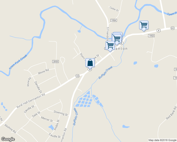 map of restaurants, bars, coffee shops, grocery stores, and more near 6801 Highway 8 in Germanton
