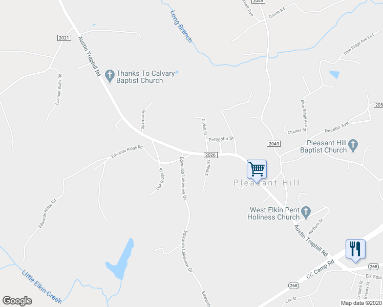 map of restaurants, bars, coffee shops, grocery stores, and more near 50 Big Oak Road in Elkin