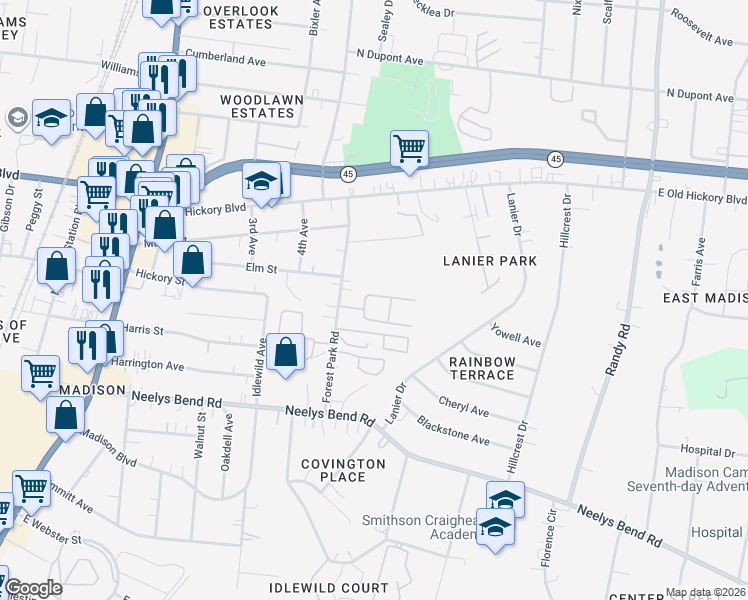 map of restaurants, bars, coffee shops, grocery stores, and more near 311 Forest Park Road in Nashville