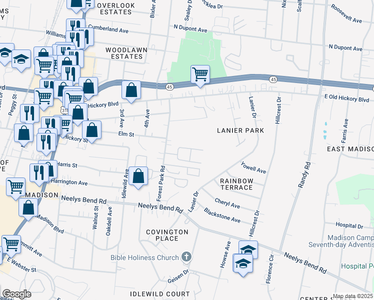 map of restaurants, bars, coffee shops, grocery stores, and more near 323 Forest Park Road in Nashville