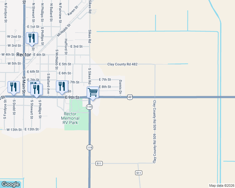 map of restaurants, bars, coffee shops, grocery stores, and more near 882 East 9th Street in Rector