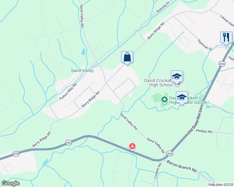 map of restaurants, bars, coffee shops, grocery stores, and more near 161 Sand Valley Road in Jonesborough