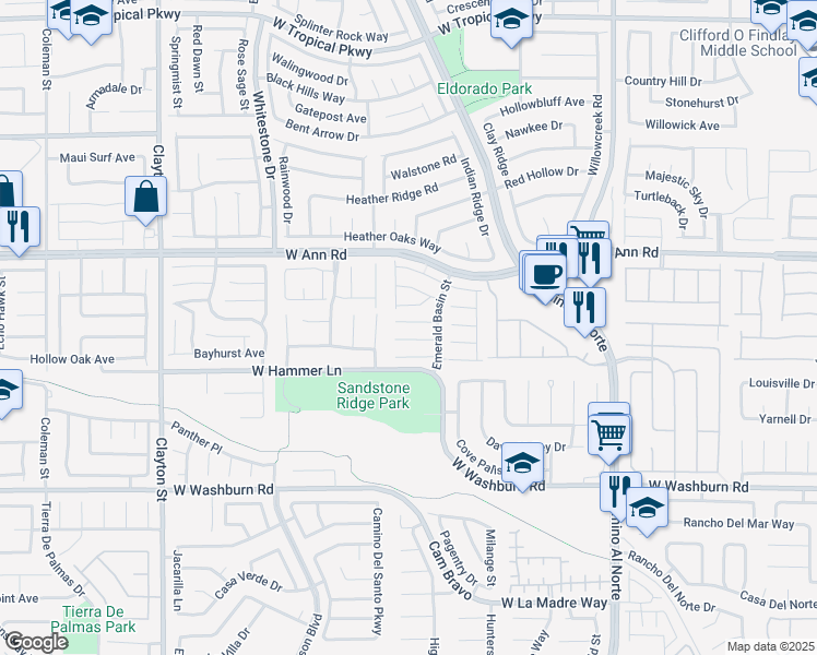 map of restaurants, bars, coffee shops, grocery stores, and more near 1413 Miller Ridge Avenue in North Las Vegas