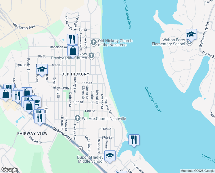 map of restaurants, bars, coffee shops, grocery stores, and more near 1105 Riverside Drive in Nashville