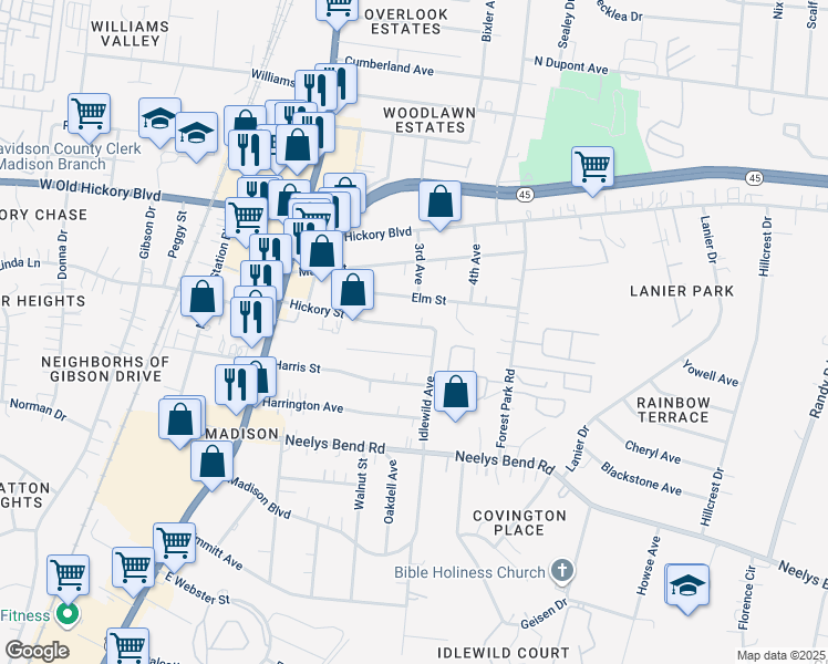 map of restaurants, bars, coffee shops, grocery stores, and more near 324 Hickory Street in Nashville