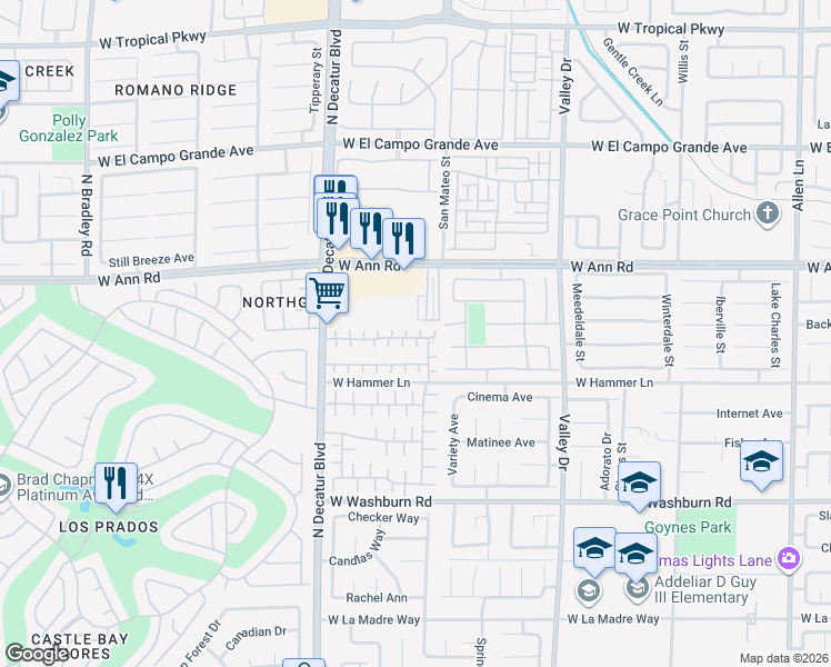 map of restaurants, bars, coffee shops, grocery stores, and more near 5443 Lilly Rose Court in North Las Vegas