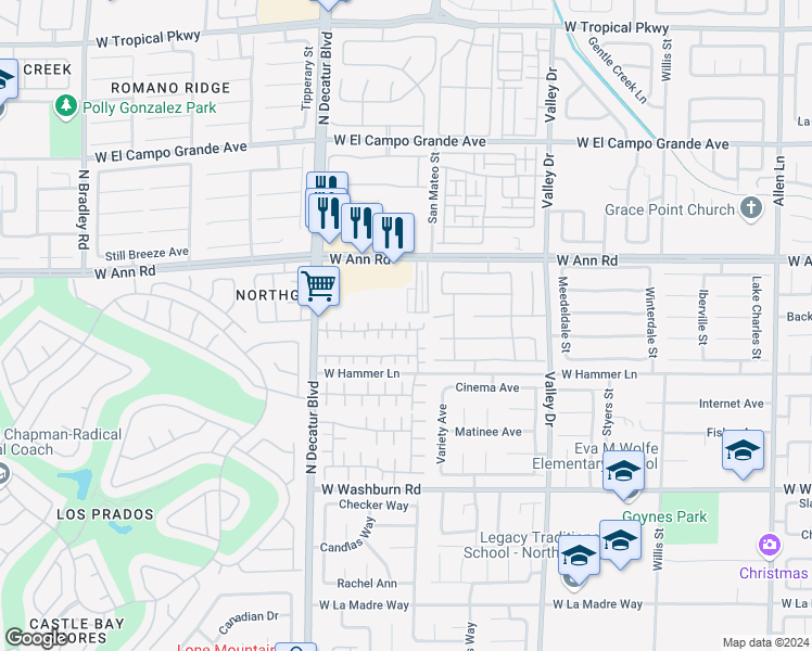 map of restaurants, bars, coffee shops, grocery stores, and more near 5443 Wheatberry Court in North Las Vegas