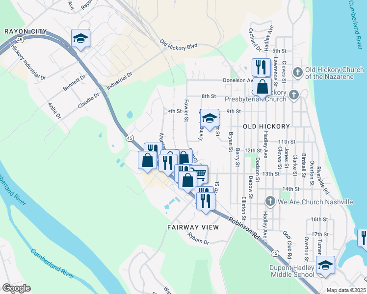 map of restaurants, bars, coffee shops, grocery stores, and more near 1104 Fowler Street in Nashville